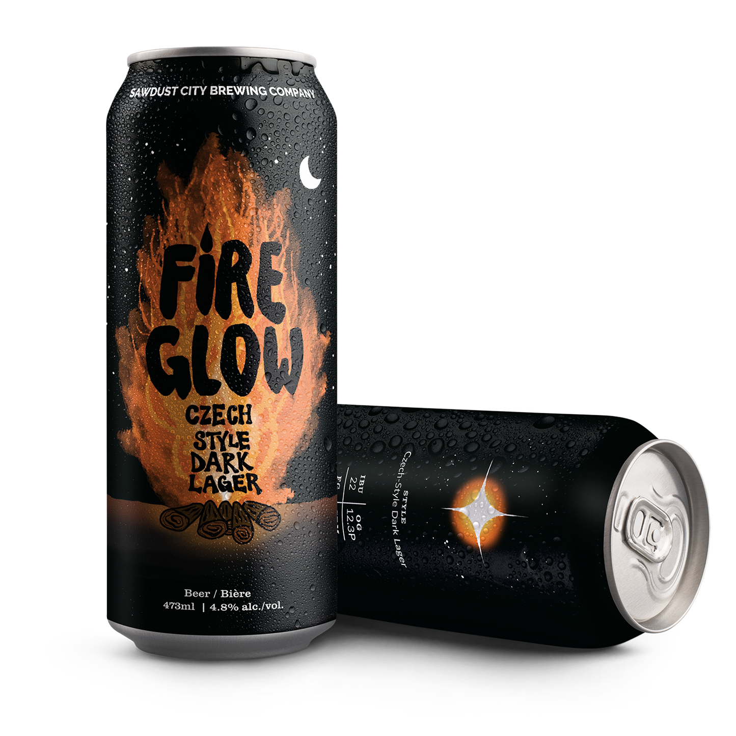 Fire Glow Czech Style Dark Lager can with campfire design on a black background
